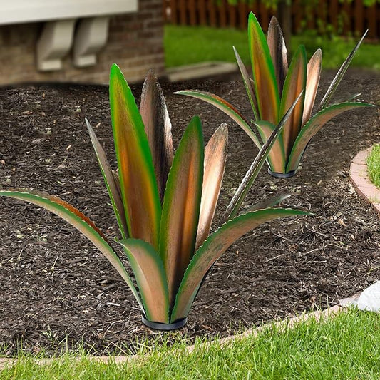 TOMBABY Enlarge thickened Wind Resistant Metal Agave Garden Art Plant Country Sculpture Statue Outdoor decoration Courtyard Lawn Ornament Gift (12 Leaves Green 2 pcs) (TB-410-415)-Ruum Studio Home