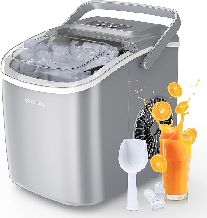 ecozy Portable Ice Maker Countertop, 9 Cubes Ready in 6 Mins, 26lbs in 24Hrs, Self-Cleaning Ice Machine with Handle/Ice Bags/Ice Scoop/Ice Basket, 2 Sizes Bullet Ice for Home Kitchen Office Bar Party-Ruum Studio Home