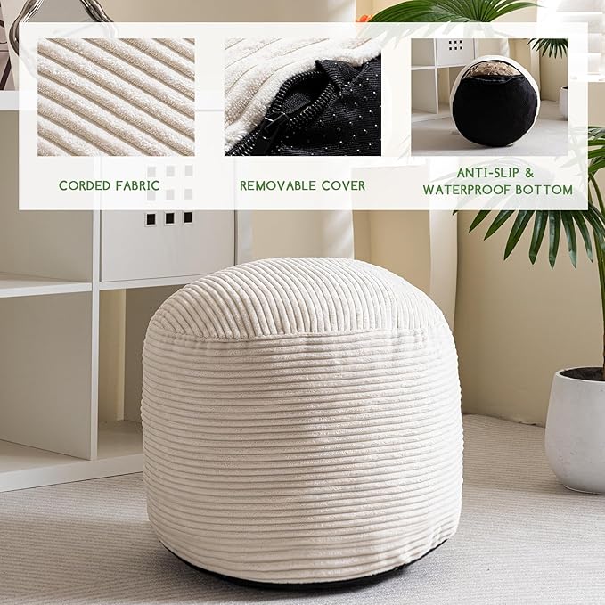 HIGOGOGO Round Stuffed Pouf Ottoman, Corduroy Poufs with Foam Chunk Filling, Furry and Fluffy Pouf Foot Stool Storage Ottoman, 20 X 15 Floor Poufs Foot Rest for Living Room, Beige-Ruum Studio Home
