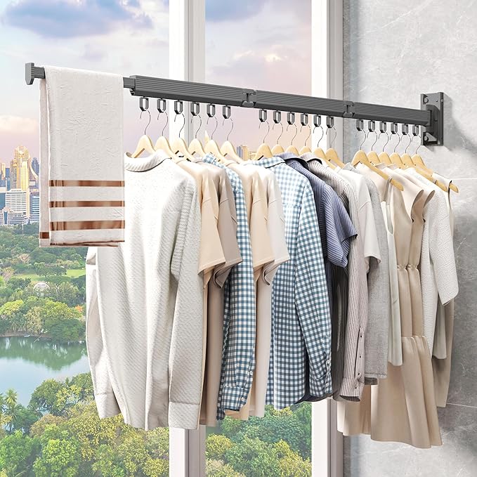 Grey Color Laundry Rack - Wall Mounted, Collapsible Clothes Drying Rack With Loop-type Hooks-Ruum Studio Home