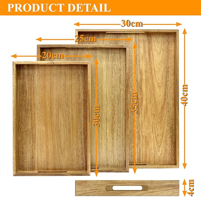 3 Pack Acacia Wood Serving Tray with Handles, Decorative Serving Trays Platter for Breakfast in Bed, Lunch, Dinner, Patio, Ottoman, Coffee Table, BBQ, Party, Great for Lap &Couch (Set of 3)-Ruum Studio Home