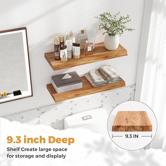 RICHFOCUS Live Edge Elm Floating Shelves - 24" W x 9.3" D Rustic Solid Wood Wall Shelves with Invisible Bracket, Wall-Mounted for Living Room, Bedroom, Kitchen Storage & Display, Set of 2, Natural-Ruum Studio Home