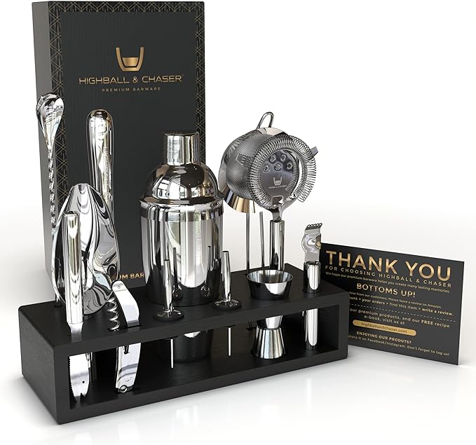 Highball & Chaser 13-Piece Cobbler Cocktail Shaker Set Stainless Steel Mixology Bartender Kit With Stand For Home Bar Cocktail Set | Laser Engraved Cocktail Tools | Plus Ebook with 30 Cocktail Recipes-Ruum Studio Home