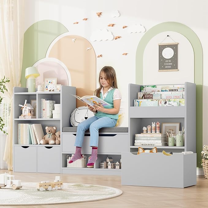 FOTOSOK 72” Kids Bookshelf with Reading Nook, Large Toy Storage Organizer with Seat Cushion and 3 Movable Drawers, Kids Reading Nook Toy Organizers and Storage with Bench for Living Room, Grey-Ruum Studio Home