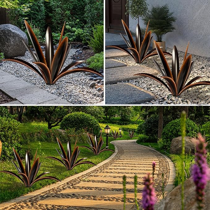 TOMBABY Enlarge Thickened Wind Resistant Metal Agave Garden Art Plant Country Garden Sculpture Statue Outdoor Decoration Agave Metal Plant Courtyard Ornament Gift (2, 12 Leaves Black)-Ruum Studio Home