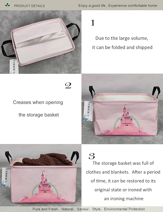 Rectangular Folding Laundry Basket,waterproof Canvas Basket,gift basket,Suitable for children's room,Office,Clothes,Toys Storage(Pink Castle)-Ruum Studio Home