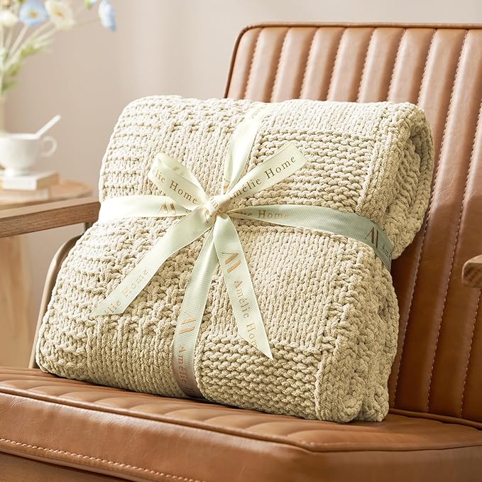 Amélie Home Chenille Knit Throw Blanket for Couch, Checkered Texture Decorative Soft Blanket for Sofa, Bed & Living Room, 50"x60", Beige-Ruum Studio Home
