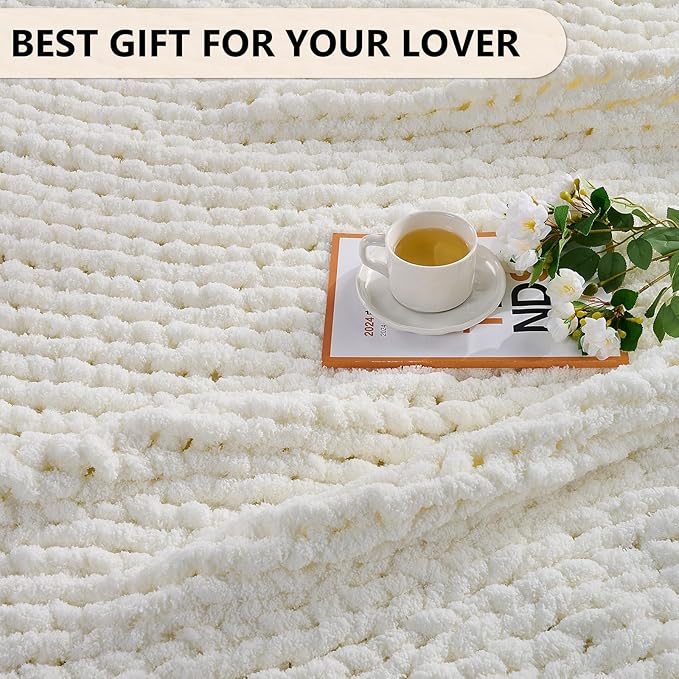 L'AGRATY Chunky Knit Blanket Throw: Soft Chenille Yarn Throw Blanket 60x80 - Handmade Thick Cable Crochet Blanket - Large Chunky Rope Throw Blanket for Couch Sofa Bed Home Decor(Cream White)-Ruum Studio Home
