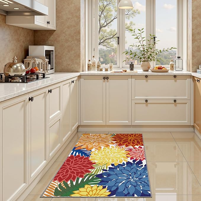 Area Rug 2x3 Washable Entry Small Rug Multicolored Tropical Botanical Modern Floral Indoor Kitchen Door Mat Entrance Carpet Non Slip for Bedroom Living Room, Porch-Ruum Studio Home