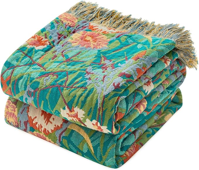 MSGKV Boho Throw Blanket for Couch Bed Chair 100% Cotton Muslin Breathable Floral Blanket 50"x60" Sofa Blankets for All Seasons Lightweight Farmhouse Blankets Boho Home Decor-Ruum Studio Home