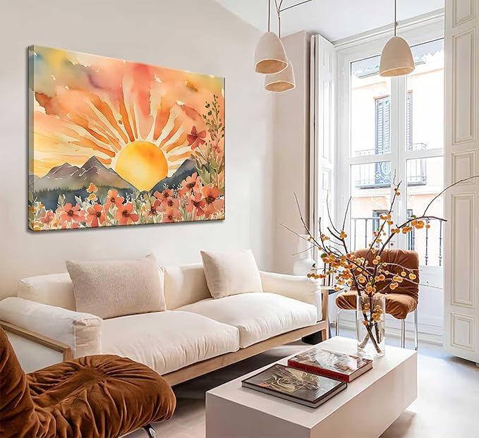 Boho Sun Canvas Wall art Mid-Century Modern Abstract Bohemian Sunset in The Mountains Watercolor Wildflowers Sunrise Landscape Picture Wall Decor Poster Print Artwork for Living Room Bedroom-Ruum Studio Home