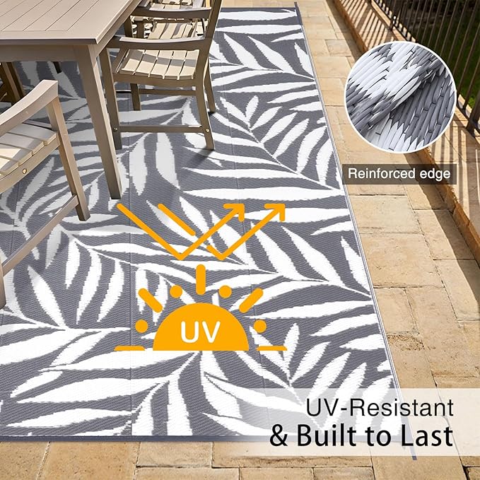 OLANLY Waterproof Outdoor Rug 6x9 ft, Reversible Outdoor Plastic Straw Rug with Leaf Pattern, RV Mat, Indoor Outdoor Carpet for Patio, Camping, Balcony, Deck, Backyard, Grey & White-Ruum Studio Home