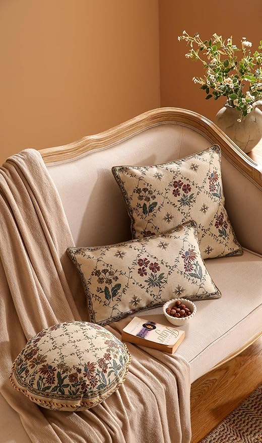 patdrea Designer Throw Pillow Covers Set of 4,Euro Vintage Light Brown Linen with Floral Collection Pattern Pillow Cover,Decorative Square Lumbar Round Pillowcases Cushion for Bed Living Room Car-Ruum Studio Home