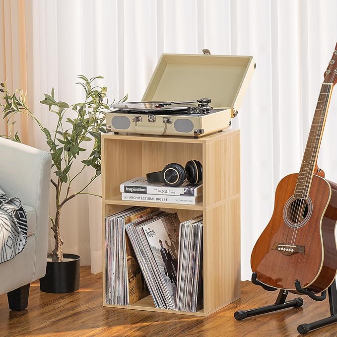 LEYAOYAO 2 Cube Bookshelf,Natural Record Player Stand Holds up to 100 Albums, Mini Wood Book Shelf Storage Organizer,Turntable Stand with Vinyl Storage Cabinet, Narrow Open Bookcase for Small Spaces-Ruum Studio Home