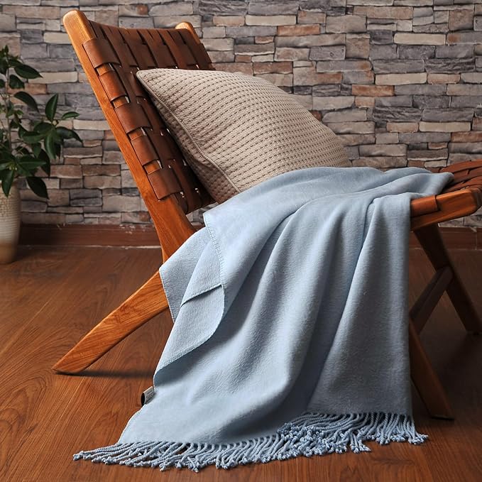 CUDDLE DREAMS Silk Throw Blanket with Hand-Knotted Fringe, Natural, Soft & Breathable (Ice Blue)-Ruum Studio Home