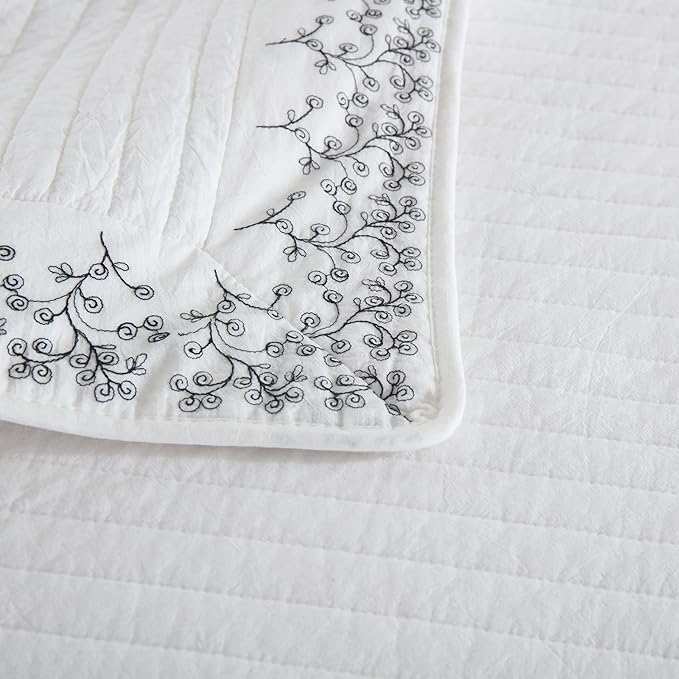 MarCielo 3-Piece 100% Cotton White Striped Quilt Set with Botanical Edge Embroidery TC(Sakura White,King(106" X 98"))-Ruum Studio Home