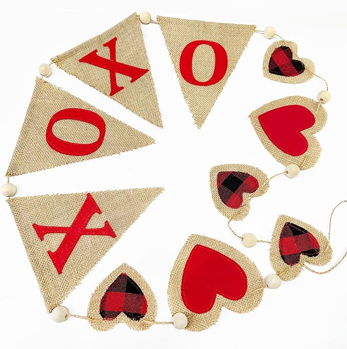 Valentine’s Day Party Decorations Felt XOXO Sign Triangle Pennant Banner Flag Buffalo Plaid Red Black Heart Burlap Garland with Wood Beaded for Wedding Birthday Valentine’s Day Party Supplies-Ruum Studio Home