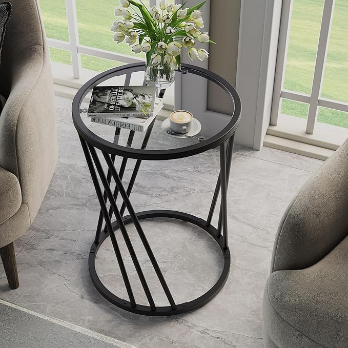 Round Side Table, Modern End Tables for Living Room Office Small Spaces, Glass Black End Table with Metal Frames, Nightstand for Bedroom, Bedside Furniture, Easy Assembly-Ruum Studio Home