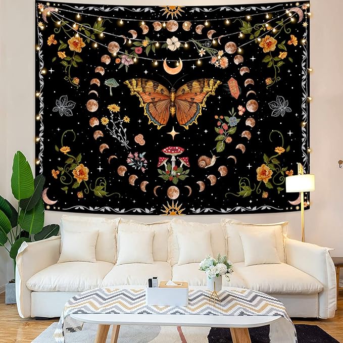 Aipon Orange Butterfly Moon Flower Tapestry Botanical Floral Plant Boho Tapestry for Bedroom Aesthetic Vintage Tapestries Wall Hanging for Living Room Dorm (60.00'' × 80.00'', Orange)-Ruum Studio Home