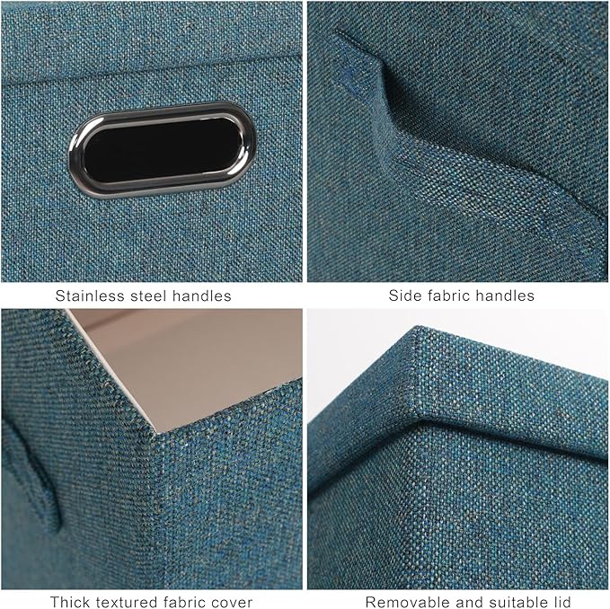 Large 17" 36 Quart Collapsible Stackable Storage Bins with Lids, 3 Packs Blue-Green Linen Fabric Closet Boxes with Lids, Storage Cube Baskets Container Organizers for Bedroom (17x12x11)-Ruum Studio Home