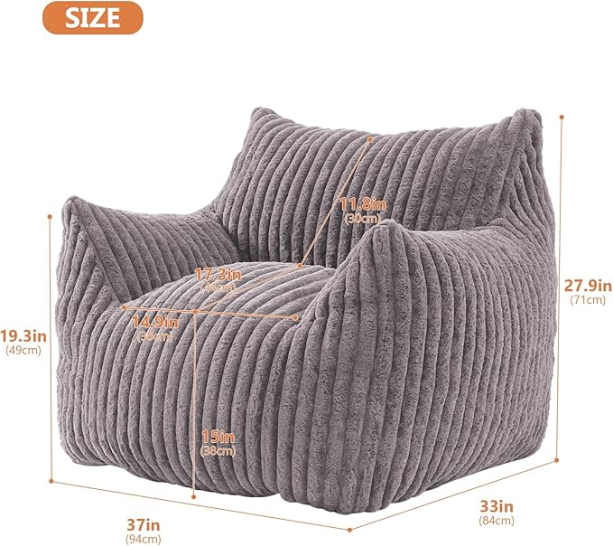Giant Bean Bag Chairs for Adults with Filling Plush Fluffy Bean Bag Chairs for Teens with Armrests Comfy BeanBag Lazy Couch Sofa Chair for Bedroom Living Room Reading (Dark Gray2, M-for Teens/Adults)-Ruum Studio Home