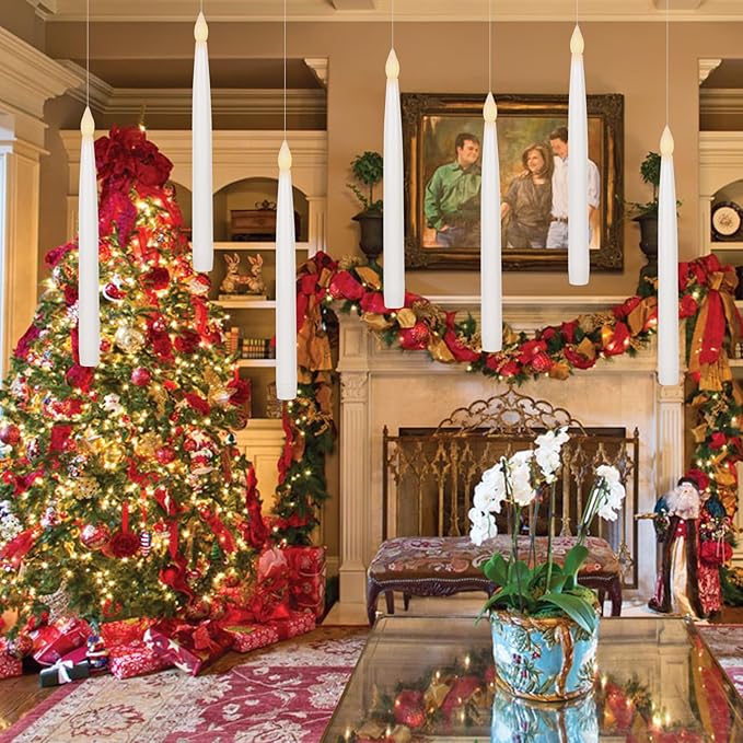 GenSwin 10.8" Floating Candles with Magic Wand Remote Timer, Flameless Taper Candles Flickering Battery Operated, LED Electric Hanging Window Candle Christmas Halloween Decorations(12 Pack, White)-Ruum Studio Home