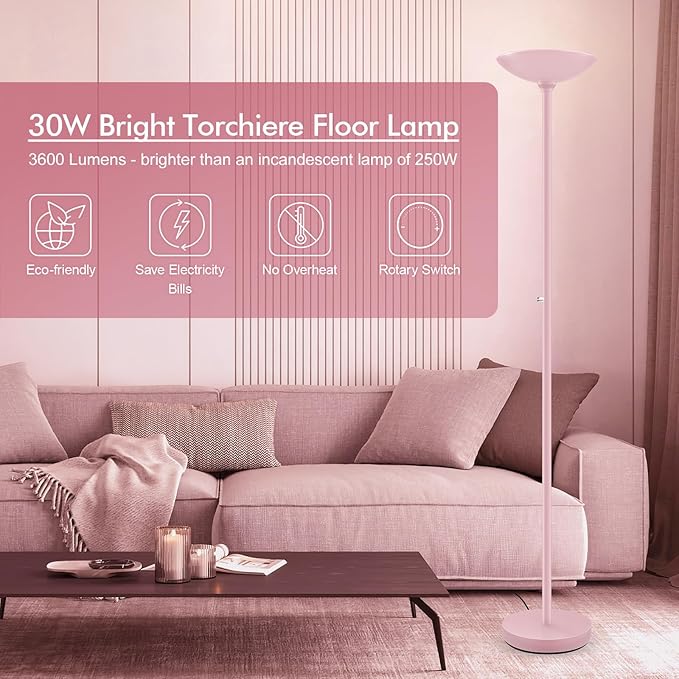 BoostArea Torchiere Floor Lamp Pink, 30W Super Bright LED Standing Lamp, 3000K Stepless Dimmable Pole Lamp with Rotary Switch, 71inch Tall Metal Modern Floor Lamps for Living Room,Bedroom,Home Decor-Ruum Studio Home