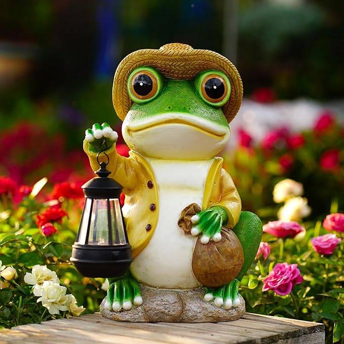 Large Frog Garden Statue, 13.3 Inches Tall, Resin Frog Decor with Solar Lantern for Outdoor Decoration and Housewarming-Ruum Studio Home