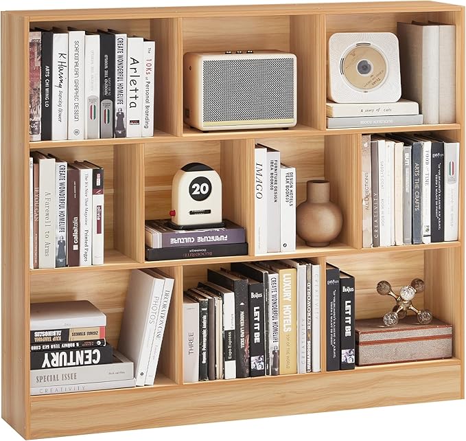 LEYAOYAO 10 Cube Bookshelf with Base,3 Tier Mid-Century Modern Grey Bookcase,Standing Wide Bookshelves Storage Organizer Shelf,Rustic Wood Display Cabinet Book Shelves for Bedroom,Living Room,Office-Ruum Studio Home