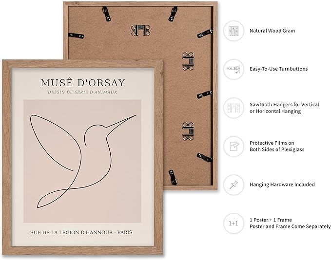 Poster Master Vintage Poster - Retro One Line Hummingbird Drawing Print - Bird Line Art - Minimal Gift for Him, Her, Animal Lover - Abstract Decor for Home, Office, 8x10 Beige Framed-Ruum Studio Home