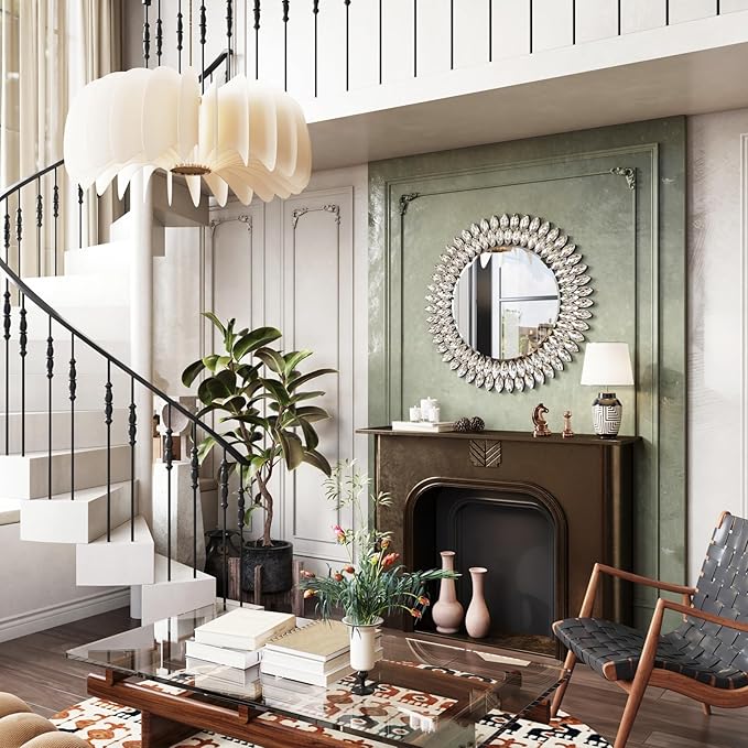 Kelly Miller Round Jeweled Mirror for Wall Decor, 26 in Modern Decorative Wall Mirror with Luxury Diamonds Beveled Vanity Mirror for Bedroom Dresser, Living Room Table, Bathroom, Hallway, Entryway-Ruum Studio Home