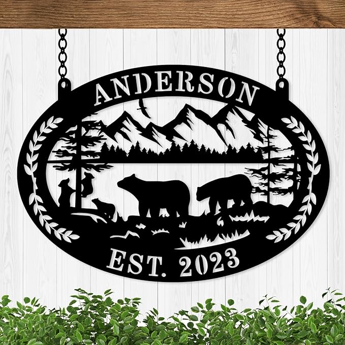 Custom Farmhouse Farm Sign, Custom Bear Monogram Name Sign, Ranch Sign, Outdoor Family Name Sign, Personalized Family Name Bear Metal Wall Sign, Personalized Rustic Name Sign-Ruum Studio Home