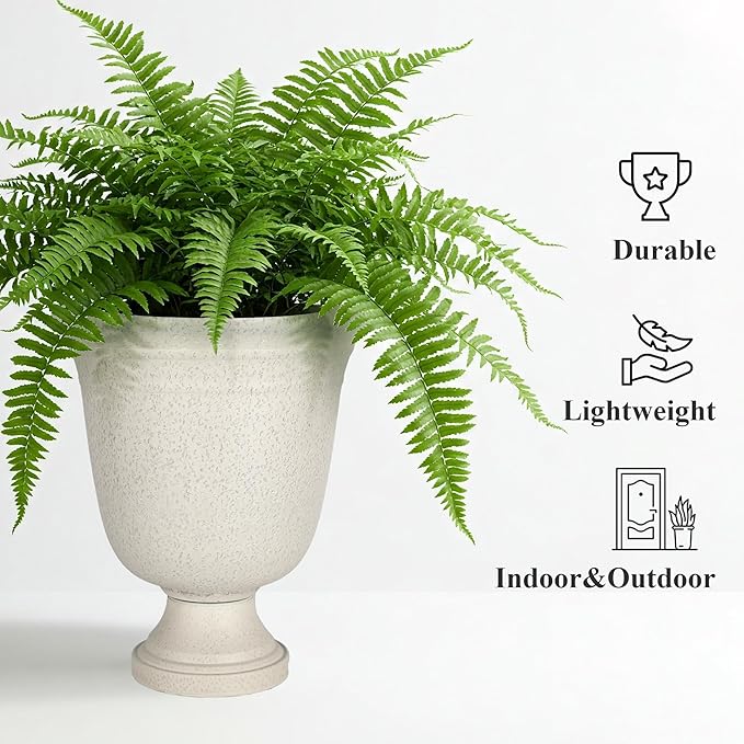 Worth Garden 2-Pack 19.5" H Plastic Urn Planters, Grayish White Large Lightweight Imitation Stone Textured Decorative Flower Plant Pots with Drainage Hole for Indoor Outdoor Patio Front Porch-Ruum Studio Home