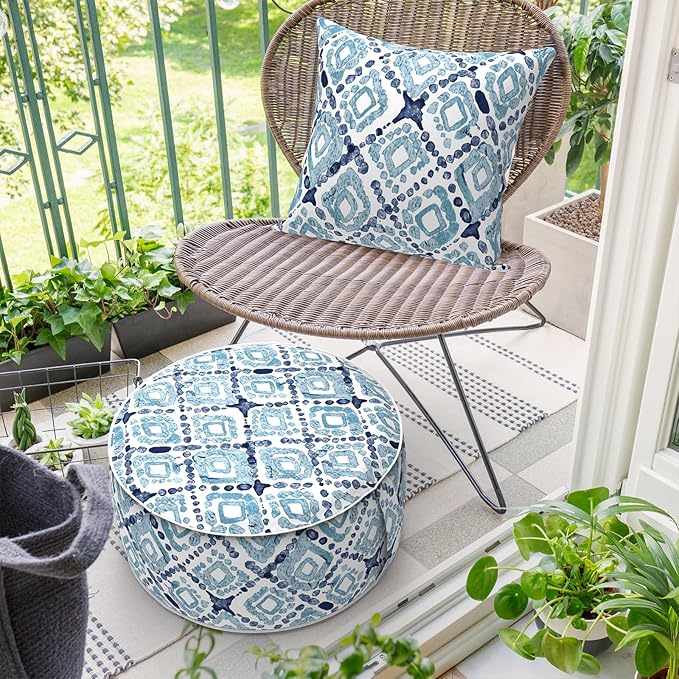 Inflatable Ottoman Stool D21 xH9 for Outdoor/Indoor Use, Water Repellent Patio Foot Rest with Portable Handle,Round Pouf Ottoman Suitable for Garden,Deck and Camping - Boho Geometry Blue-Ruum Studio Home