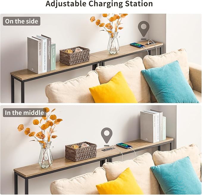 ELYKEN 5.9" Narrow Console Sofa Table with Power Outlets, 5.9" Dx39.4 Wx31.1 H Long Couch Table with Metal Frame and Charge Station with 6.5’ Extension Cord, White Oak-Ruum Studio Home