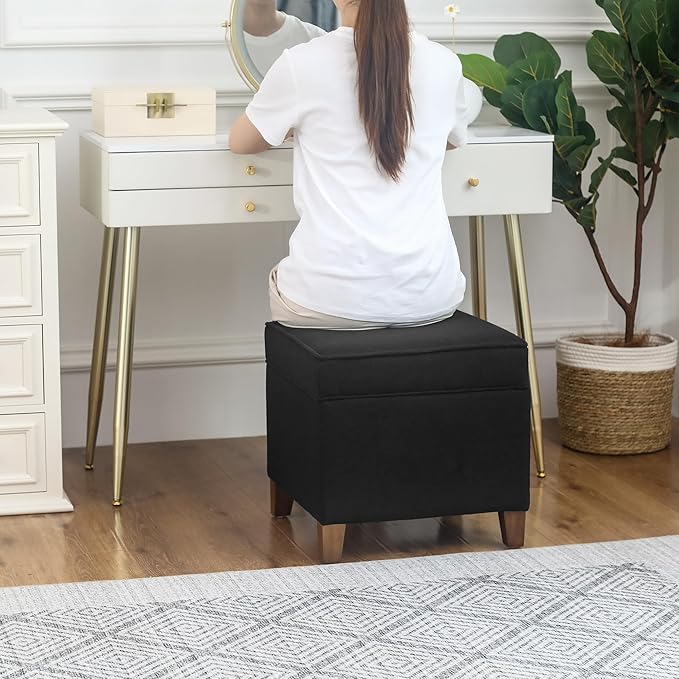 Adeco 17.5" Square Fabric Ottoman with Storage - Upholstered Cotton Linen Foot Rest - Flip Top Footstool with Sturdy Wood Legs, Small Cube Coffee Table Extra Seat for Living Room, Bedroom, Black-Ruum Studio Home