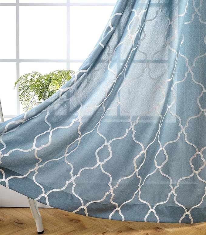 Miuco Moroccan Embroidered Semi Sheer Curtains Faux Linen Grommet Curtain Set for Bedroom 52 x 95 Inch, Dusty Blue-Ruum Studio Home