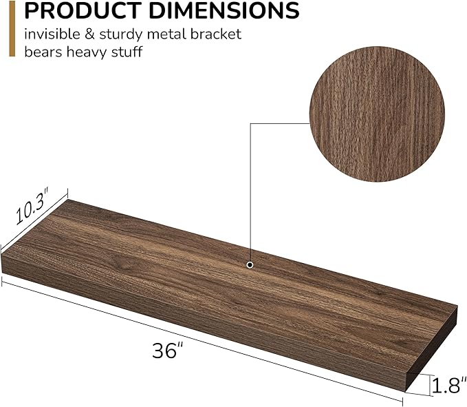 Fun Memories Floating Shelves - 10.3 Inch Deep Wall Shelf for Decor & Storage - Wall Mounted Display Shelving with Invisible Heavy-Duty Metal Bracket - 36"x 10.3"x 1.8" 1 Pack, Walnut-Ruum Studio Home
