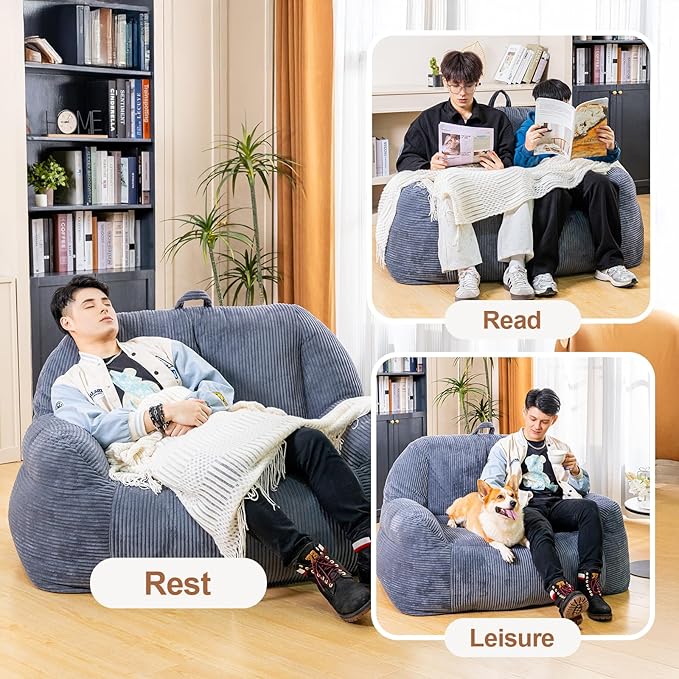 Giant Bean Bag Chair, Faux Fur Bean Bag Chair for Adults, Fluffy and Comfy Bean Bags with Filler, Big Bean Bag Sofa Chair for Reading, Gaming, Stuffed High-Density Foam, Grey-Ruum Studio Home