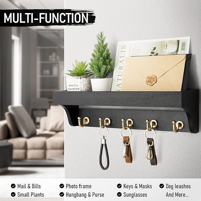 Rebee Vision Key Holder for Wall with Shelf : Decorative Key Organizer with 5 Rustic Keys Hooks and Primitive Wood Mail Organizer Wall Mount - Entryway Décor (Black)-Ruum Studio Home