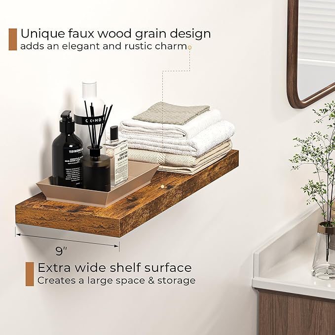 Floating Shelves - 2 Pack 9 Inch Rustic Wooden Wall Shelves - Extra Deeper & Thicker Wall Mounted Storage Shelf for Living Room, Kitchen, Farmhouse - 24" W x 9" D x 1.6" H - Rustic Brown-Ruum Studio Home