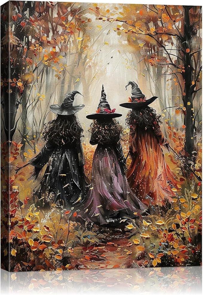 Halloween Canvas Wall Art, Vintage Three Witches Poster, Gothic Dark Academia Wall Decor, Spooky Halloween Decor for Living Room, Bedroom & Bathroom, Framed Fall Decorations Indoor-Ruum Studio Home