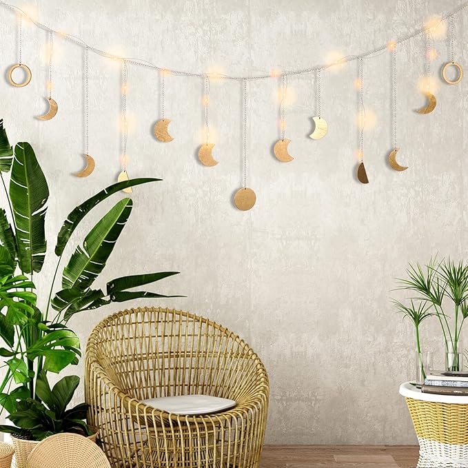 Moon Phase Wall Decor with LED String Light, 13 Gold Wood Boho Wall Hanging Decor Mood Garland 56'' - Celestial Phases Moon Decor in Bohemian Style for Bedroom Home Living Room-Ruum Studio Home