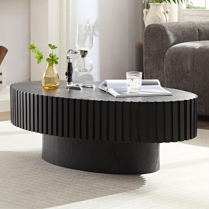 Oval Coffee Table for Living Room, Modern Fluted Coffee Tables with Pedestal Base, Handcrafted Centre Tea Tables Easy Assembly-43.7" Black-Ruum Studio Home