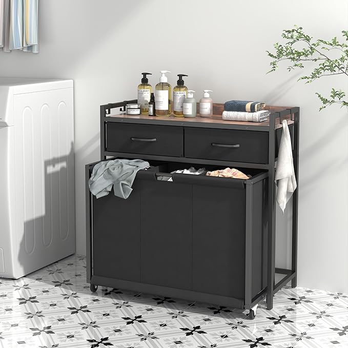 Laundry Hamper Laundry Basket with 3 Section Pull-Out Rolling Bags, Laundry Sorter for Organization and Storage with 2 Pull-Out Drawers for Laundry Room, Bathroom, Bedroom Use (Rustic Brown)-Ruum Studio Home