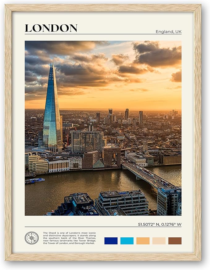 HesenDot Natural OAK Wood Framed London City Wall Art,12x16in Landscape Canvas Wall Print Poster,Classic Urban Landmark Wall Decor for Living Room,Bedroom,Office Gallery Set of 1-Ruum Studio Home