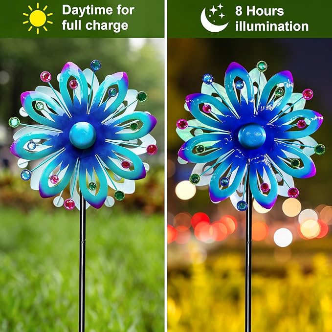 Solar Wind Spinners, 60.63" Outdoor Metal Stake Yard Wind Sculpture,Solar Powered Multi-Color LED Glass Ball with Kinetic Wind Spinners for Yard and Garden Lawn Patio Decor-Ruum Studio Home