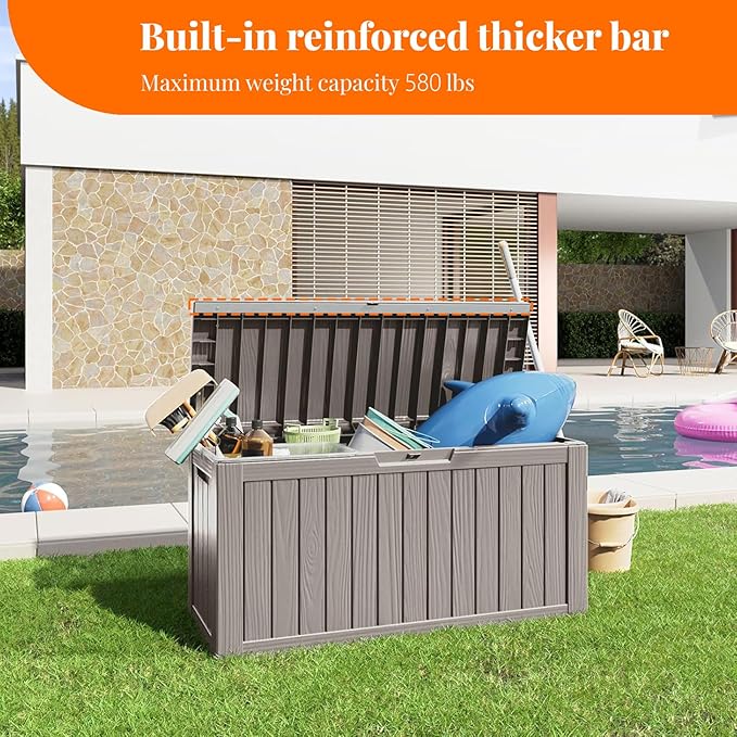 80 Gallon Resin Deck Box, Lockable Patio Outdoor Storage Box for Furniture, Garden Tools and Tools Storage, Waterproof Outside Storage Boxes - Grey-Ruum Studio Home