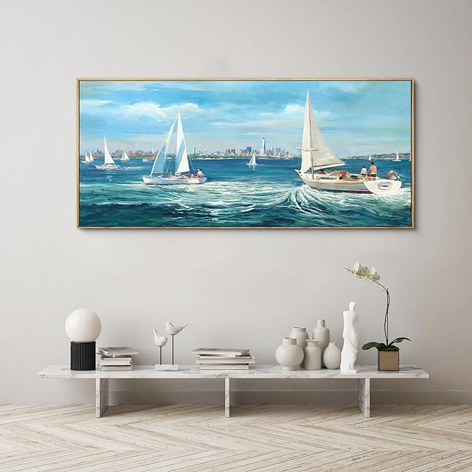 XLSJERST Large Blue Canvas Wall Art Seascape Painting - Landscape Picture Textured Navy Modern Sailboat Ocean Artwork Framed for Living Room Bedroom Bathroom Home Office Wall Decor Large Size 70"x31"-Ruum Studio Home