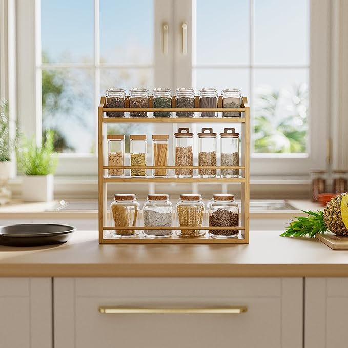 Spice Rack Wall Mounted, Spice Organizer for Counter, Bamboo Spice Storage Holder for Kitchen Cabinet, Pantry (Spice Jars Not Included, Natural)-Ruum Studio Home